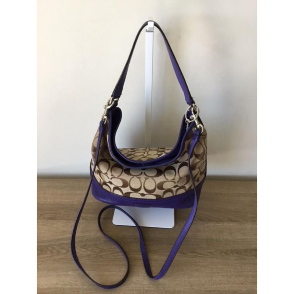 Coach Mini Hobo Crossbody Bag Brown Jacquard w/Purple Leather Trim w/Charm